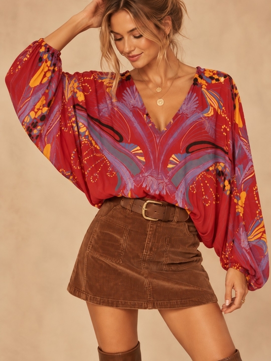 Free People Tops - Free People XS Red Abstract Print Dolman Sleeve Boho Blouse EUC